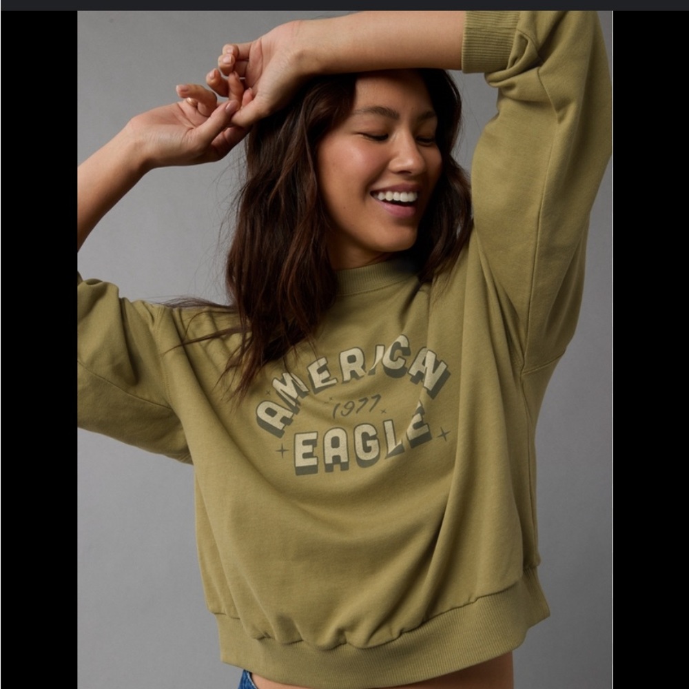 NEW! AE Real Good Funday Graphic Sweatshirt Olive